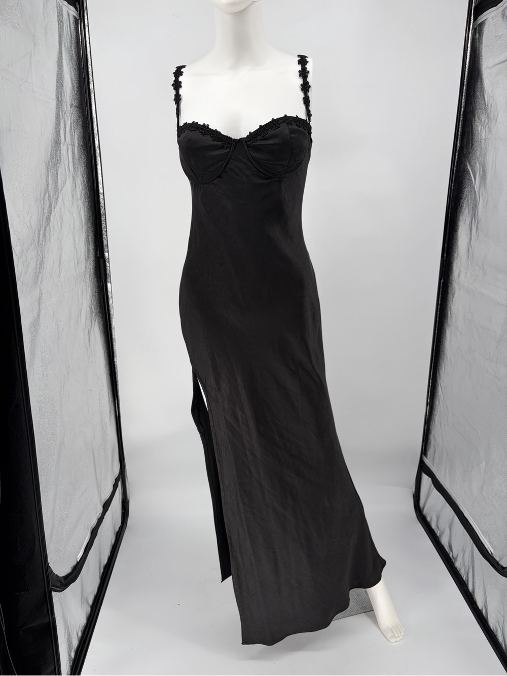 Princess Polly Black Satin Lace-Trim Slip Dress